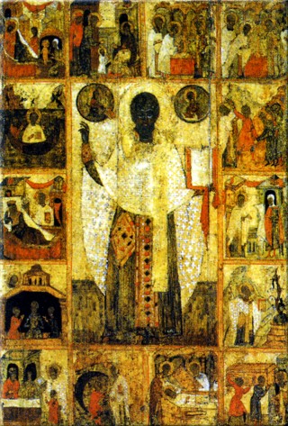 Икона Николы Зарайского с житием в 14 клеймах. XIV век.