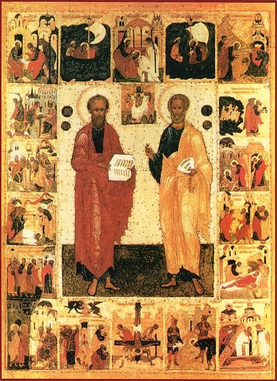 Икона первоверховных апостолов Петра и Павла с житием. XVI в. Новгород.