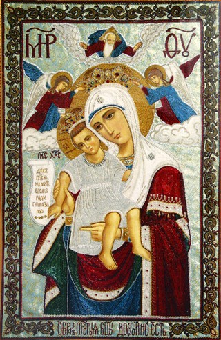 Шамордино, вышитая икона. «Достойно есть», или «Милующая» икона Божией Матери.