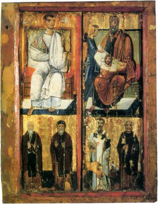 Апостол Фаддей и царь Авгар с избранными святыми. Створки триптиха. Х век.