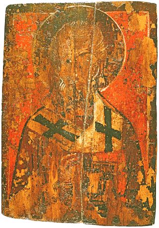 Святитель Николай. Икона. XV в. 24х17,2 см. Из собора Иоанно-Предтечинского монастыря. Псковский музей.