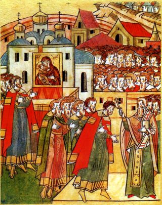 Епископ Коломенский благословляет князя Димитрия на Куликовскую битву. Лицевой свод XVI века